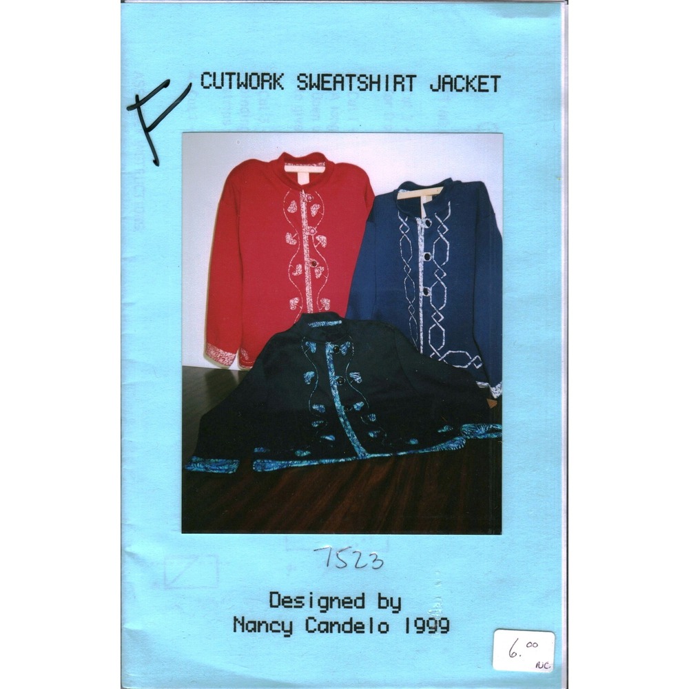 Nancy Candelo 1999 Cutwork Sweatshirt Jacket Sewing Pattern 7523 Upcycle Guide - Picture 1 of 2